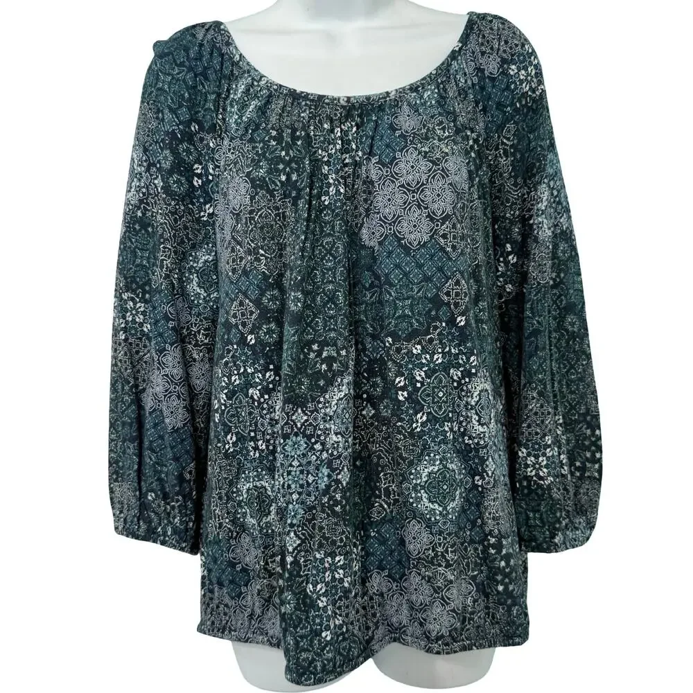 Michael Kors Blue Paisley Floral Scoop Neck Bracelet Sleeve Blouse Top size L - Picture 2 of 10